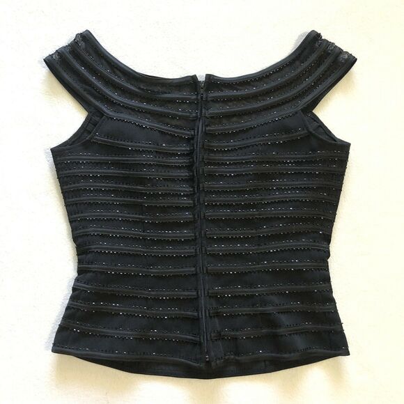 Cache Women Black Beaded Full Zip Back Off Shoulder Stretch Mesh Evening Top 4 - Picture 5 of 6